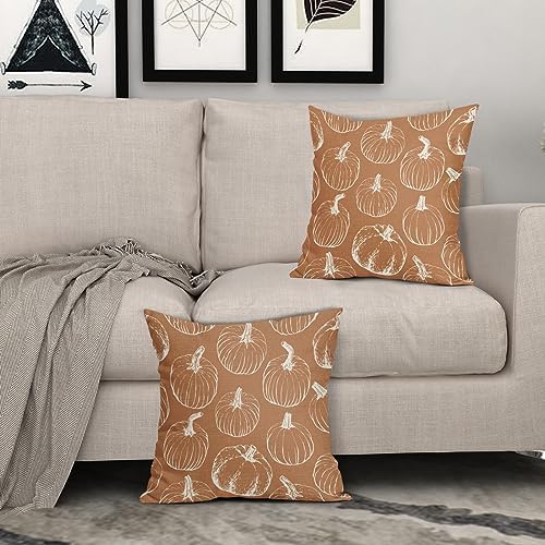 Fall Pumpkin Pillow Covers 18x18 Set of 2 Autumn Themed Thanksgiving Harvest Burnt Orange Print Decorative Throw Pillows Outdoor PillowCase Farmhouse Linen Cushion Case Decor for Home Sofa Couch Bed - Image 3