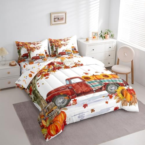 Thanksgiving Pumpkin Full Comforter Set,7 Pieces Soft Microfiber Maple Leaves Truck Sunflower Comforters with Fitted Sheet,Flat Sheet,2 Pillow Shams,and 2 Pillowcases- Autumn Harvest Bedding Sets - Image 2