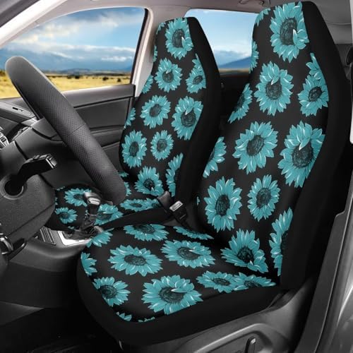 Black Green Sunflower Print Car Seat Cover Colorful Cute Print Front Seat Covers 2 pcs, Vehicle Seat Protector Car Mat Covers, Fit Most Vehicle, Cars, Sedan, Truck, SUV, Van