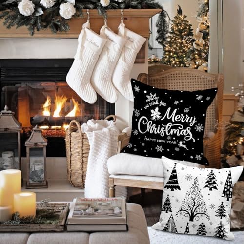 Lanpn Christmas Throw Pillow Covers 18x18 4 pcs, Black White Merry Christmas Xmas Winter Snowflake Decorative Holiday Cushion Pillow Cases 18 x 18 Indoor Farmhouse Home Room Couch Sofa Decor - Image 4