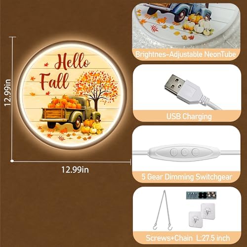 Hello Fall Neon Sign, Welcome Fall Door Decorations Thanksgiving Truck Pumpkin Neon Light Up Sign Gift USB Dimmable Light Up for Home Room, Yard, Farmhouse Wall Outdoor Farmhouse Porch Front Door Decor (Pumpkin Truck) - Image 4