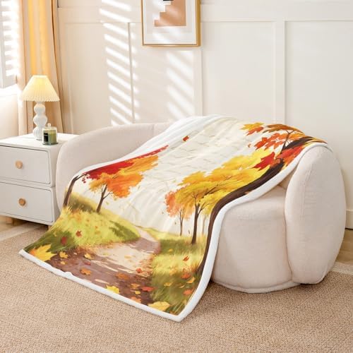 Fall Maple Leaf Sherpa Blanket Country Style Road Throw Blanket Bedroom Living Room Soft Cozy Harvest Thanksgiving Day Blankets Decor for Bed Couch Sofa Orange Yellow Green Flannel Blankets 50"x60" - Image 5