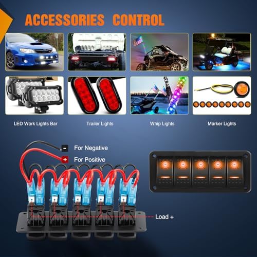 Nilight 5 Gang Rocker Switch Panel w/Orange LED Light 5Pin ON Off Pre-Wired