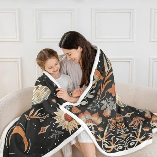 Butterfly Moth Sherpa Blanket Floral Sunflower Mushrooms Throw Blanket Bedroom Living Room Soft Cozy Galaxy Starry Sky Blankets Decor for Bed Couch Sofa Black Orange Flannel Blankets 90"x90" - Image 2