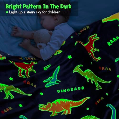 Jekeno Dinosaur Glow in The Dark Blanket Dino Gift Throw for Kids Boys Girls Birthday Christmas Halloween Easter Decor for Age 1-16 Years Old Teens Child Toddler Son Throw Navy Blue 50"x60" - Image 2