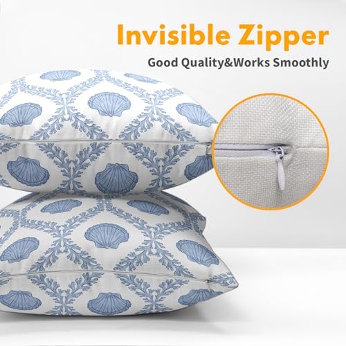 Light Blue Coastal Pillow Covers 16x16 Set of 2 Ocean Coral Shell Pattern Outdoor Decorative Linen Summer Throw Pillows Cases with Zipper Cushion Cover Rustic Decoration Farmhouse Sofa Couch Bed Decor - Image 5