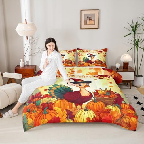 Erosebridal Fall Pumpkin Comforter Set for Kids Boys Girls Thanksgiving Turkey Bedding Set Twin Size Autumn Harvest Botanical Leaves Down Comforter Yellow Green Cartoon Chick Animal Quilted Duvet - Image 2
