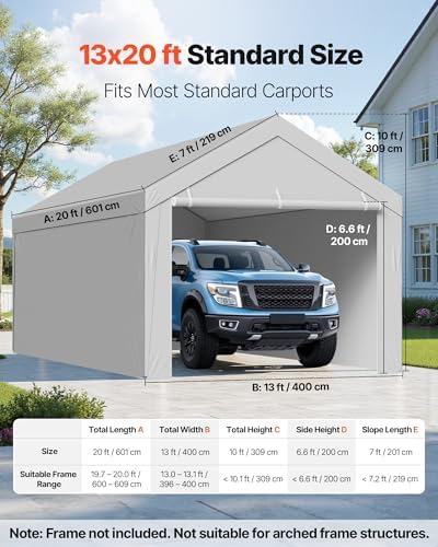 VEVOR Carport Replacement Canopy Cover, 13 x 20 ft Potable Garage Tent Top Tarp with Sidewalls, UV-Resistant & Waterproof, Heavy Duty Car Shelter Tarp with Ball Buggees, Grey, Frame Not Included - Image 2