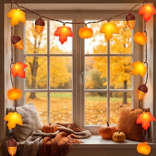 Fall Thanksgiving Harvest Decor - 20 LED Fall String Lights Plug in, 12Ft LED Autumn String Lights with Maple Leaf Pumpkin Acorn, for Indoor Outdoor Autumn Harvest Decorations & Thanksgiving Decor - Image 3
