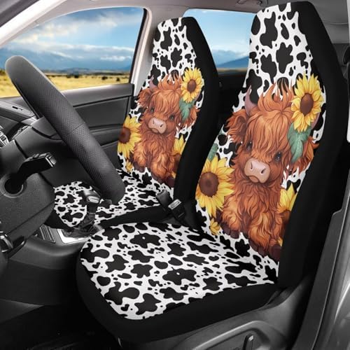 Car Seat Covers Universal Baby Highland Cow Print Front Car Seats Anti-Slip Back Fabric Protection Interior Accessories Universal Fit for Most Vehicle, 2 Pieces Set