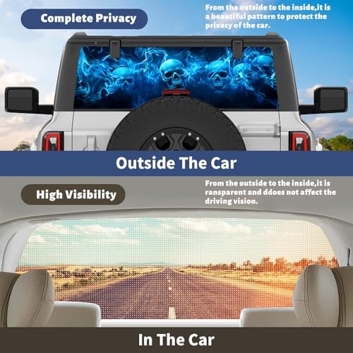 Country Skull Truck Rear Window Graphic Decals, Mystery Abstract Horror Skeleton Blue Flame Pickup Car Window Stickers Truck Back Window Film Decal for Trucks SUV 66 x 22 inch