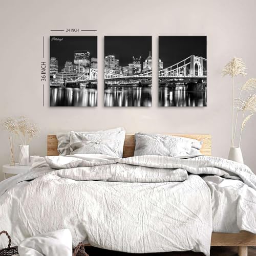 Black and White Pittsburgh Skyline Wall Art for Living Room USA Pennsylvania Cityscape Picture Wall Decor Night View Downtown City Building Skyscraper Panoramic Artwork Bedroom Decoration 24x36" 3P - Image 3