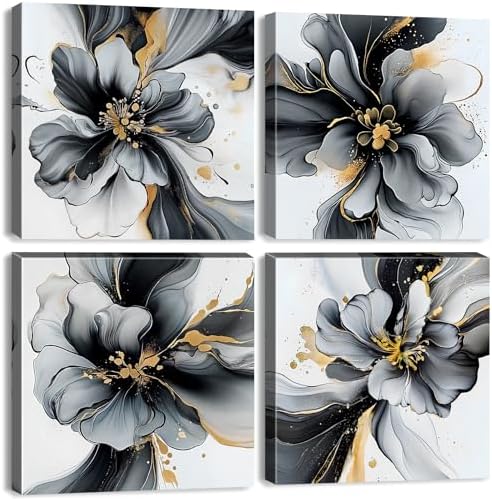 Abstract Canvas Art Black and White Floral Wall Painting Marble Fluid Watercolor Wall Art Gold Splash Ink Minimalist Modern Posters Living Room Bathroom Office Interior Home Decoration 20x20" 4 Pieces by sunfrower