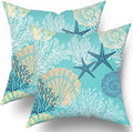 Sweetshow Ocean Coral Pillow Covers 12x12 Inch Nautical Coastal Throw Pillows Set of 2 Beach Seashell Starfish Pillow Case Soft Cotton Square Cushion Covers for Home Couch Sofa Patio Bedroom, Green by Sweetshow