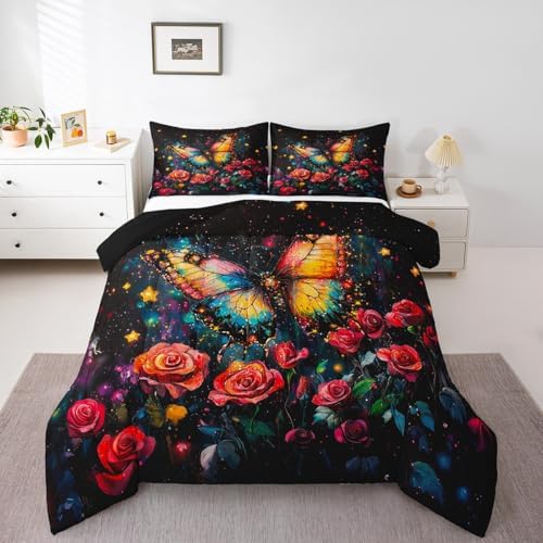 Feelyou Butterfly Bedding Set King Size Rose Comforter Set for Kids Boys Girls Star Print Comforter Starry Sky Duvet Set - Image 6