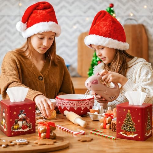 Thyle 2 Pcs Christmas Square Tissue Box Cover Red PU Leather Christmas Tree Snowman Tissue Box Holder Closure Xmas Decorations Cube Napkin Holder for Kitchen Car Home Office Living Room Bedroom - Image 6