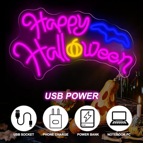 Happy Halloween Neon Sign, Bat Pumpkin Halloween LED Light, 16.7"x9.4" - Image 4
