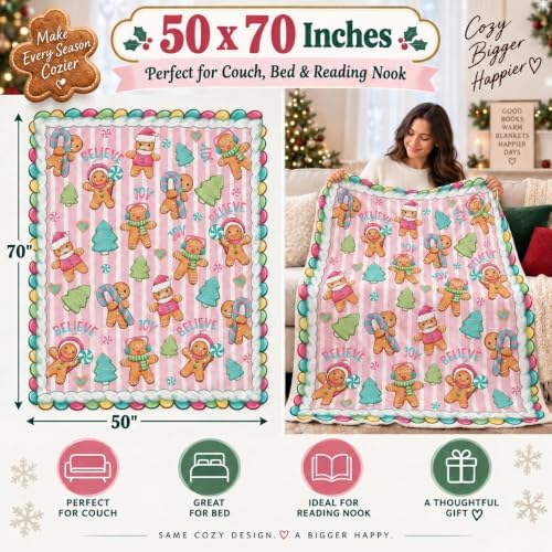 Pink Gingerbread Christmas Throw Blanket 50x70in, Cozy Holiday - Image 3