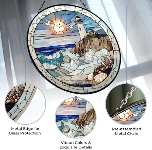 Coastal Lighthouse Stained Glass Window Hanging,Hummingbird Sun Catchers Indoor Window Decor, Stained Glass Suncatcher Gifts for Women, Coastal Lighthouse Lover, Christmas Decorations - Image 2