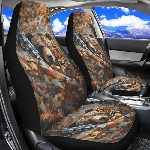 Camouflage Hunting Bear Car Seat Covers Breathable Front Seat Covers Easy Installation Stretch Polyester Fabric Cover Protection Interior Accessories Universal Fit Most Cars SUV