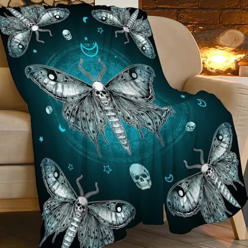 Moth Blanket Gothic Moth Throw Blankets Witchy Skull Print Cozy Fleece Flannel Stuff Plush Lightweight Dark Bedding Lover Gifts for Men Women Adults for Couch Sofa Bed Decor 60"X80" - Image 6