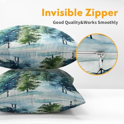 Watercolor Christmas Tree Pillow Covers 22x22 Set of 2 Blue Green Xmas Print Vintage Decorative Outdoor Throw Pillow Cases Rustic Winter Holiday Decoration Farmhouse Sofa Couch Cushion Cover Bed Decor - Image 5