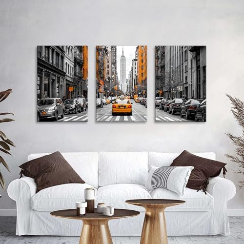 Black and White Nyc Wall Art Living Room Bedroom Wall Decor Cityscape Orange Taxi Framed Canvas Contemporary Street Car Poster Print City Photography Photo Man Bathroom Interior Decoration 24x36 3pcs - Image 2