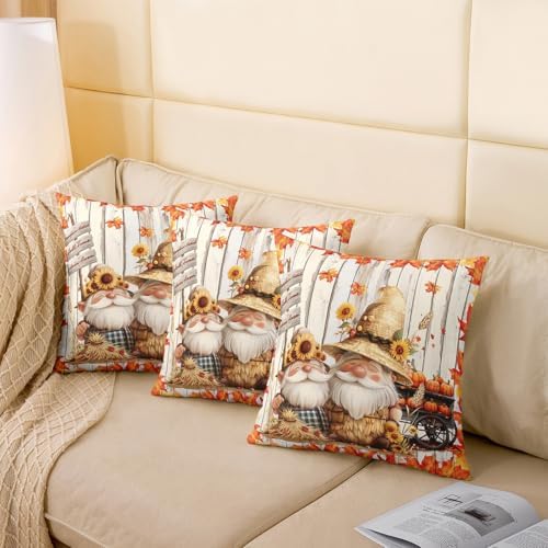 Autumn Gnome 2 Pack Pillow Covers 16"x16",Thanksgiving Day Rustic Farmhouse Pillowcase Double Sides Print Cushion Case,Fall Harvest Orange Maple Leaves Sunflower Throw Pillow Covers - Image 4