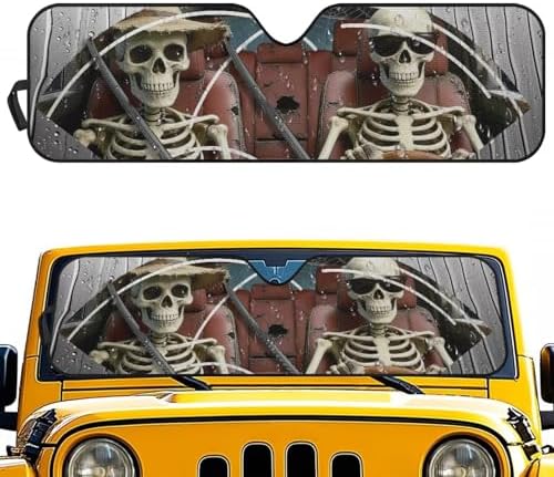 Renewold Funny Skull Driving Automotive Windshield Sun Shade Auto Sunshade Car Front Window Sun Visor Blocker Shield Fit for Jeep Wrangler JK JKU JL JLU 1997-2023 Gladiator JT Interior Car Accessories