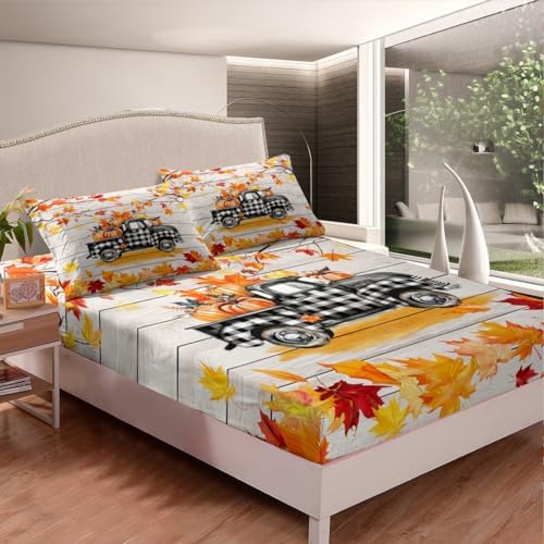 Fall Plaid Pumpkin Truck Bedding Set For King Bed,Rustic Farmhouse Barn Door Bed Sheets Autumn Harvest Thanksgiving Sheet Set Gifts Red Gold Maple Leaf Fitted Sheet Retro Watercolor Flat Sheet 4 Pcs - Image 4