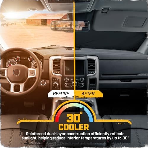 Windshield Sun Shade for Ram 3500 2010-2018, Foldable Truck Sunshade, UV Heat Blocker, Front Window Sun Shield, Interior Protection, Keeps Cab Cool, Heavy Duty Truck Accessory - Gray Camo