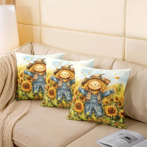 Manfei Fall Scarecrow Pillow Case Covers Double Sides,Rustic Yellow Sunflower Fall Maple Leaves Pack of 2 Pillow Covers,Cabin Farmhouse Autumn Harvest Decorative Throw Pillow Covers,20"x 20" - Image 4