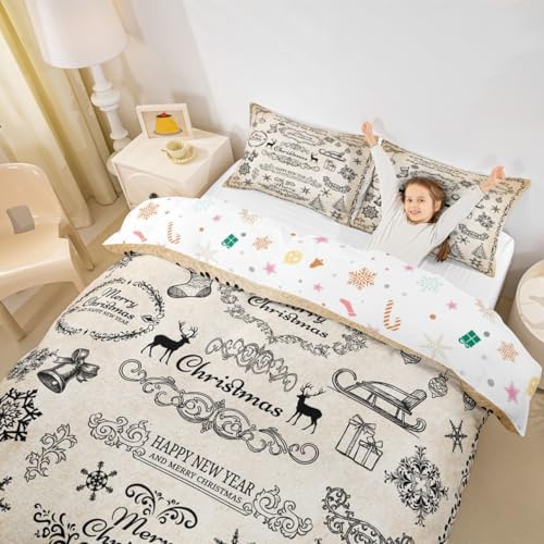 Merry Christmas Kids Duvet Cover Set Queen Size,Deer Snowflake Rustic Farmhouse Bedding Set,Girls Boys Adults Room Decor,Christmas Trees Flowers Comforter Cover,Brown Retro Quilt Cover,2 Pillowcases - Image 3