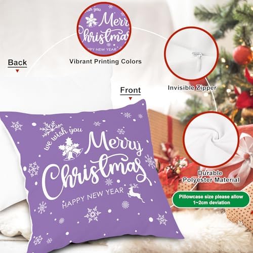 Lanpn Christmas Throw Pillow Covers 18x18 4 pcs, Merry Christmas Xmas Winter Snowflake Decorative Holiday Cushion Pillow Cases 18 x 18 Indoor Farmhouse Home Room Couch Sofa Decor (Purple) - Image 3