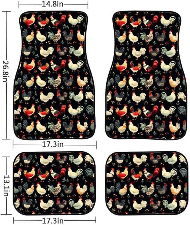 Retro Chicken Floral Print Non-Slip Car Mats Set Watercolor Animal Hen Carpet Vehicle Floor Mats Car Decor Accessories Front & 2nd Row Floor Mats for Driver Seat, Black
