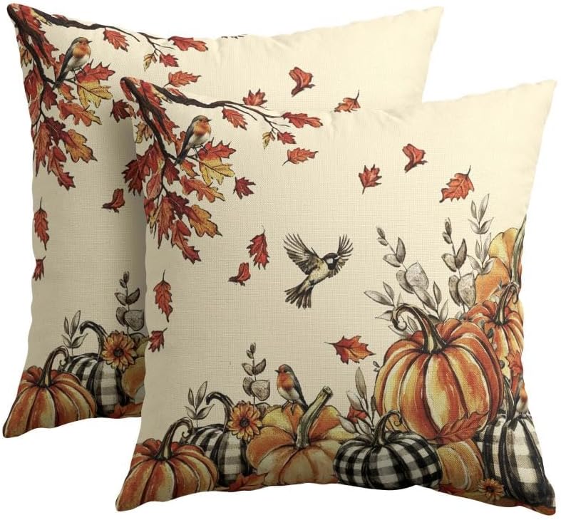 Fall Robin Pumpkin Throw Pillow Covers 24x24 Set of 2 Thanksgiving Harvest Maple Leaves Pillow Covers Buffalo Plaid Pumpkin Watercolor Foliage Pillowcase for Kitchen Outdoor Couch Room Decoration by Trongr