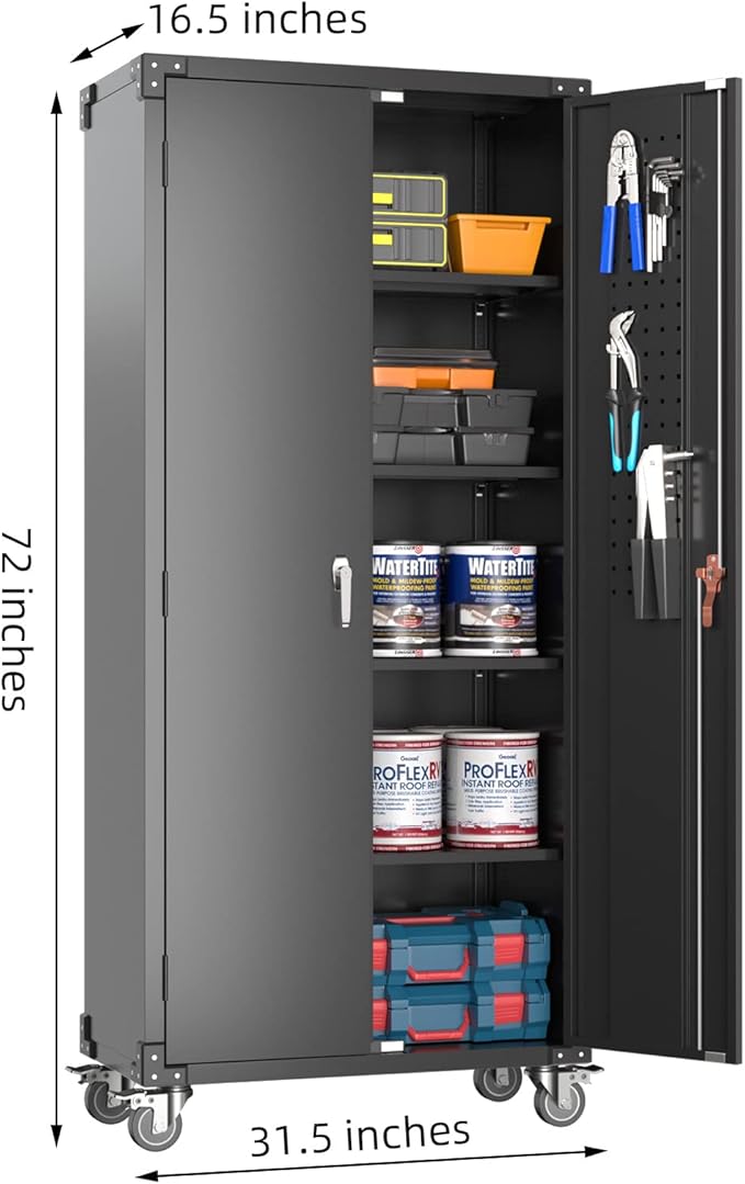 72" Metal Storage Cabinet with Wheels and Pegboard, Lockable Rolling Steel - Image 3