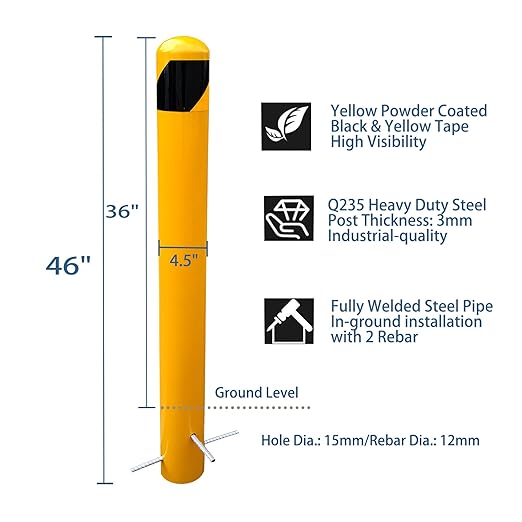 46" Pour in Place Steel Bollard Post, 4-1/2" OD Safety Bollard Yellow Powder - Image 3