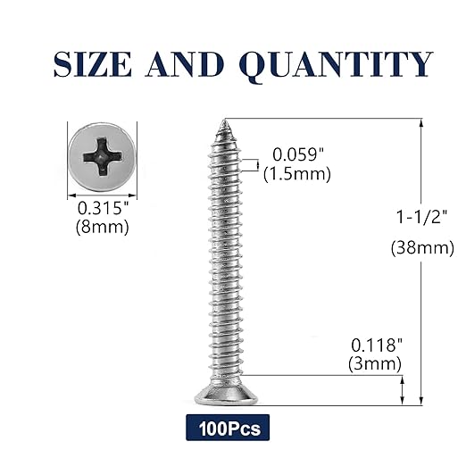 #8 x 1-1/2" Wood Screw 100Pcs 18-8 Stainless Steel Screws Flat Head Phillips - Image 2