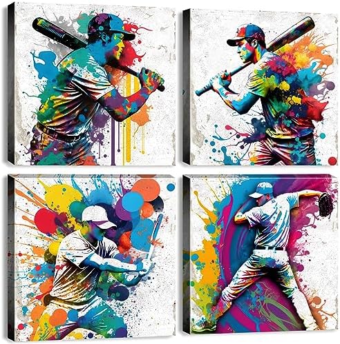 Sports Decor for Boys Room Watercolor Baseball Wall Art Pop Baseball Athletes Pictures Canvas Prints Modern Artwork Mens Bedroom Colorful Painting Office Study Living Room Home Decorations 20x20” 4Pcs by sunfrower