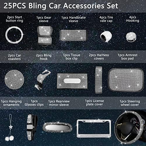 25PCS Bling Car Car Accessories Set,15 Inch Steering Wheel Cover,Shiny License Plate Frame,Center Console Cover and Rearview Mirror Set and Other Car Accessories(White) - Image 2