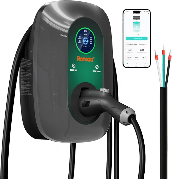 Level 2 EV Charger 48 Amp, J1772 Charger, Hardwired Electric Car Charger by Romaa