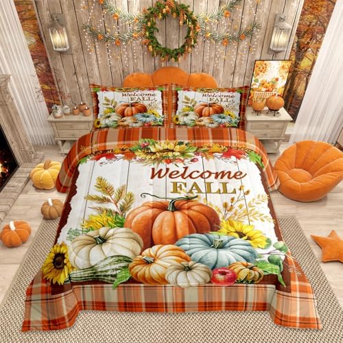 Homewish Fall Pumpkin Comforter Set Full Size, Orange Gingham Quilt - Image 6