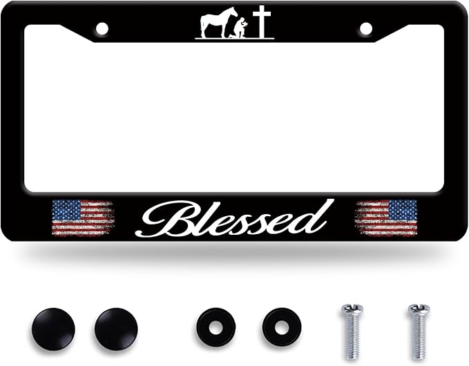 Blessed American Flag License Plate Frame Cross Pray by BRAGHRTED
