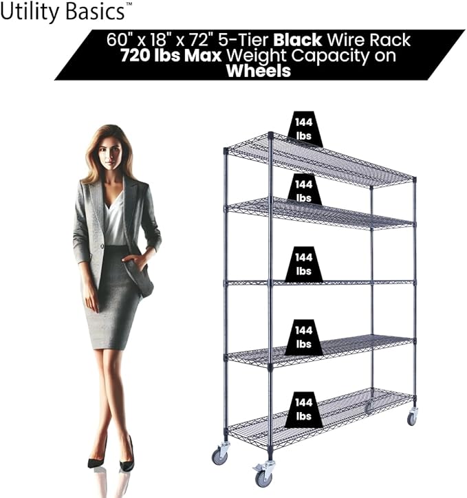 60"x18"x72" Black 5-Tier Premium Wire Shelving NSF 4000 LBS MAX Capacity Heavy - Image 4