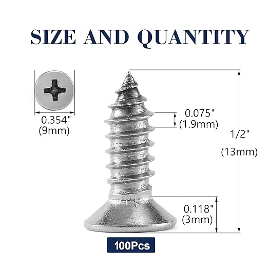 #10 x 1/2" Wood Screw 100Pcs 18-8 Stainless Steel Screws Flat Head Phillips - Image 2