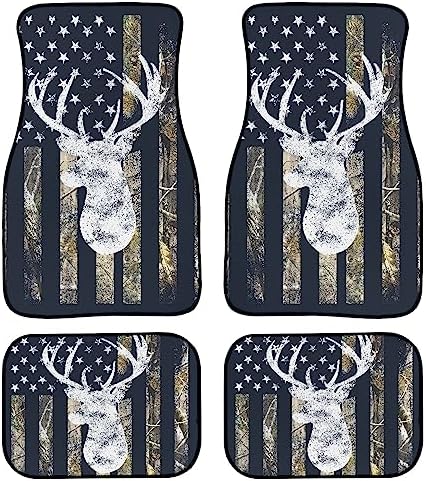 Camo Deer Car Floor Mats Set of 4,USA Camo Buck Deer Hunting American Flag Vehicle Front Rear Carpets Mats Universal Car Floor Rugs Non-Slip Auto Car Decor Accessories for Car SUV Van Truck