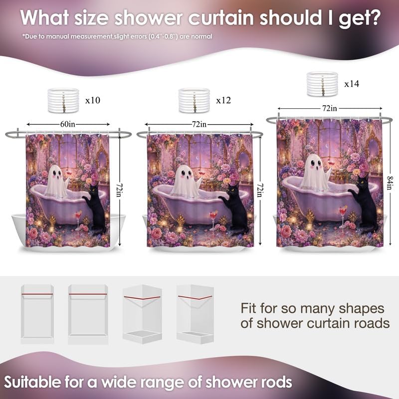 Pink Halloween Shower Curtain Funny Ghost Flowers Cat Bathtub Curtains for Bathroom Cute Halloween Home Decor with 10 Hooks, 60x72 Inch - Image 2