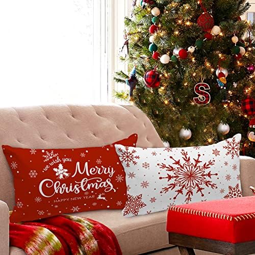 Lanpn Christmas Lumbar Throw Pillow Covers 12x24 Set of 4, Merry Christmas Winter Xmas Snowflake Decorative Holiday Cushion Pillow Cases 12 x 24 for Indoor Farmhouse Home Room Couch Decor (Red) - Image 6