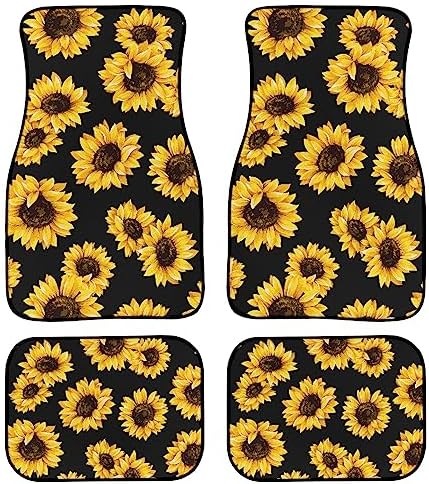 Sunflower Car Floor Mats Set of 4, Cute Yellow Flowers on Black Background Floral Vehicle Front Rear Carpets Mats, Universal Floor Rugs, Non-Slip Auto Accessories for SUV, Van, Truck